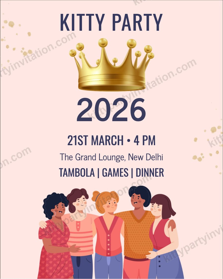 Kitty party card 2026 with a golden crown over 2026, a group of friends and tambola, games and dinner