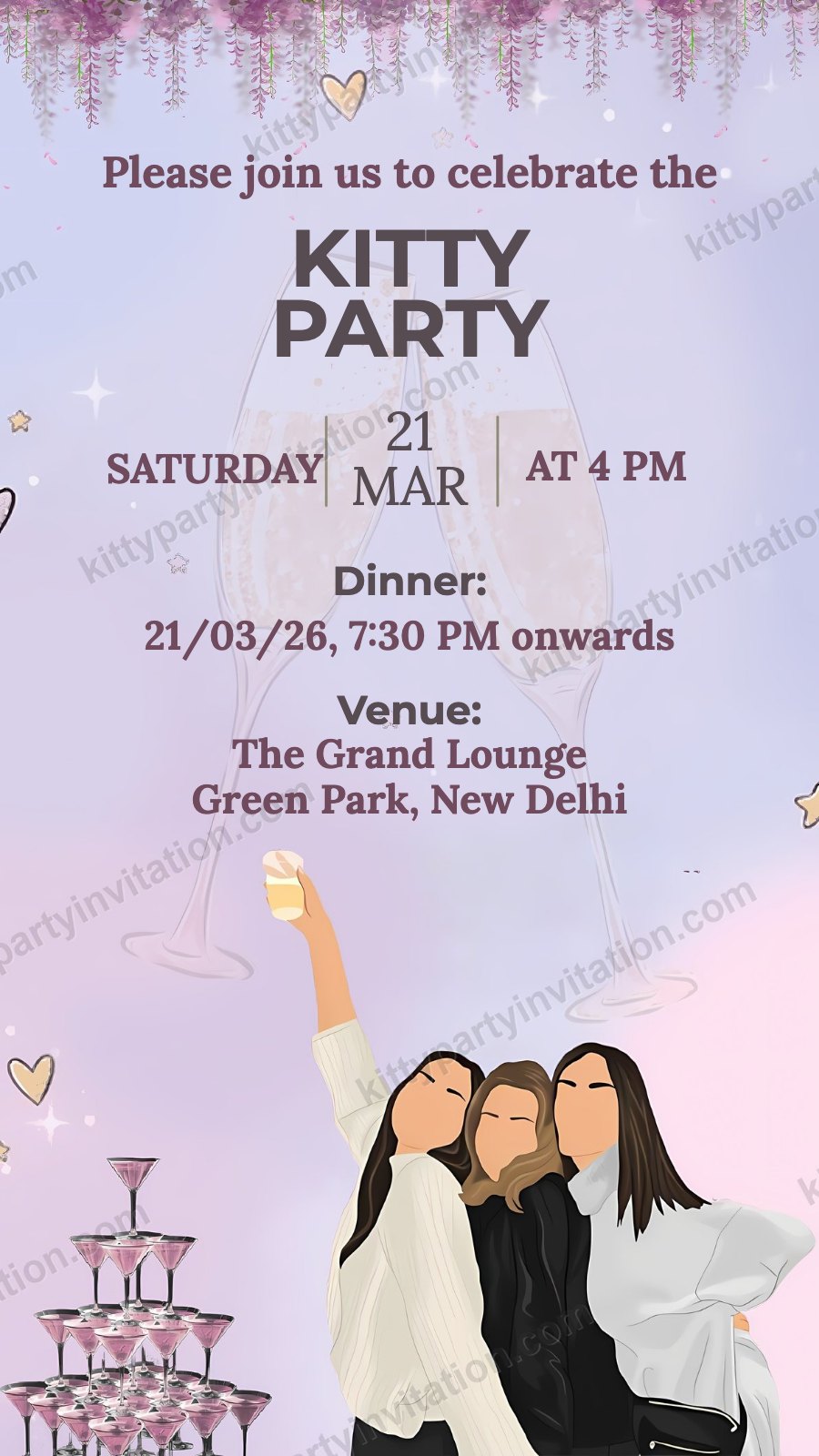 Kitty party dinner invitation with a champagne tower, friends in dresses and a dinner time line