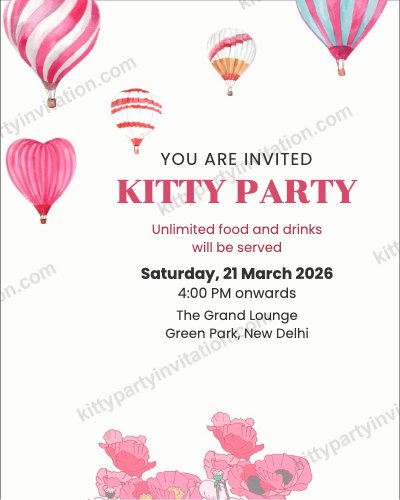 Kitty invitation card with pink hot air balloons and a note that unlimited food and drinks will be served