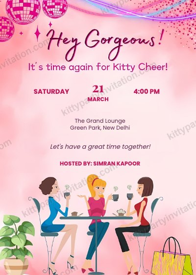 Kitty party card message card showing friends at a cafe table with a 'hey gorgeous' message