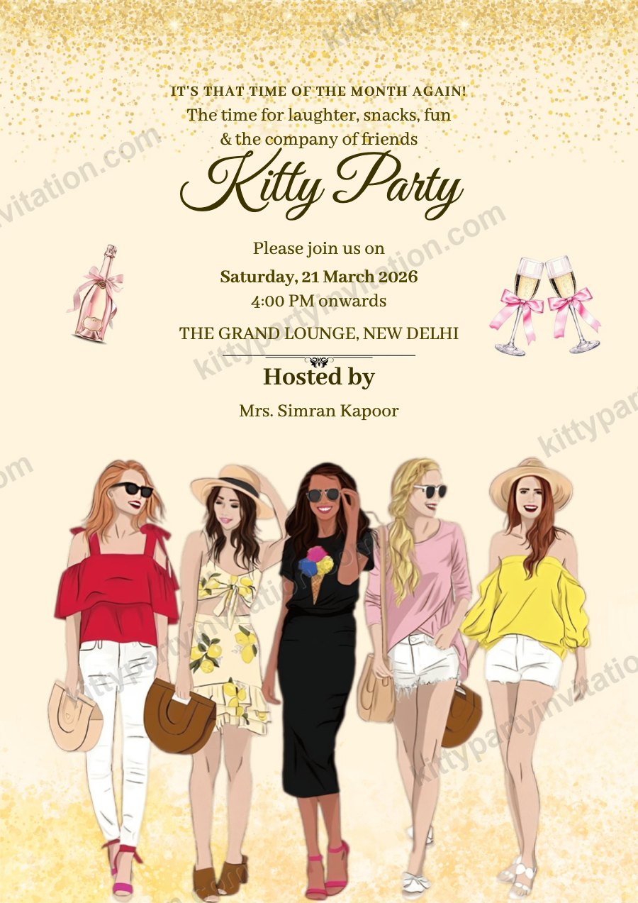 Kitty party reminder card with friends in party dresses under the line 'it's that time of the month again'