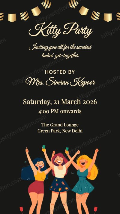 Ladies kitty party invite card showing a woman in a yellow ball gown with gold balloons on a black background