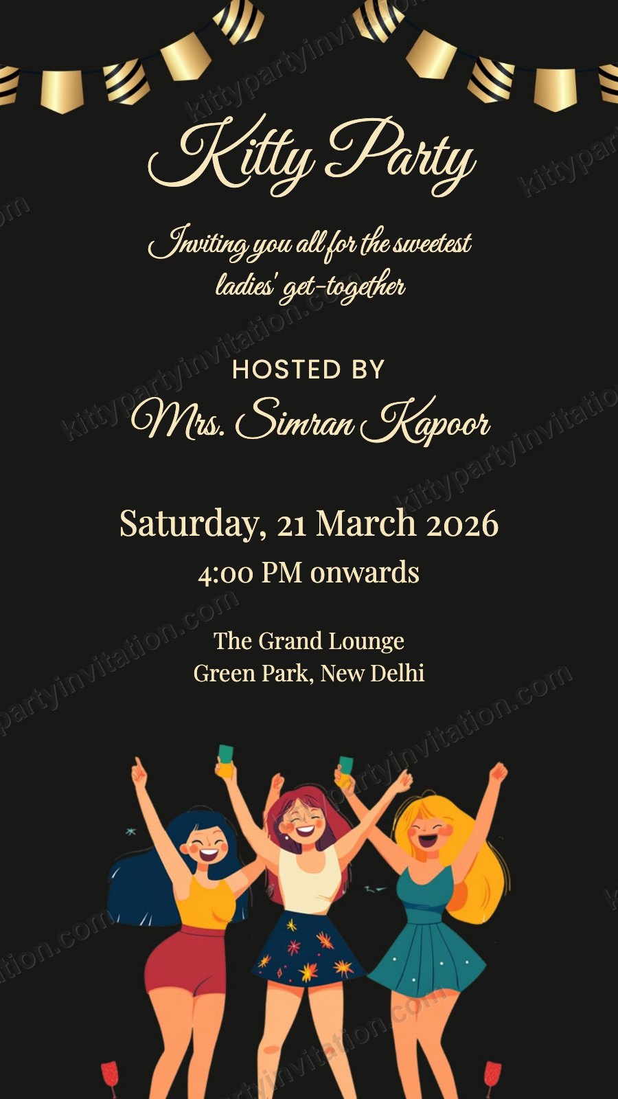 Ladies kitty party invite card showing a woman in a yellow ball gown with gold balloons on a black background