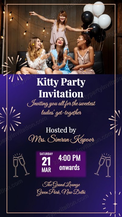 Ladies kitty party card showing a woman in a purple dress with fireworks and a calendar date block