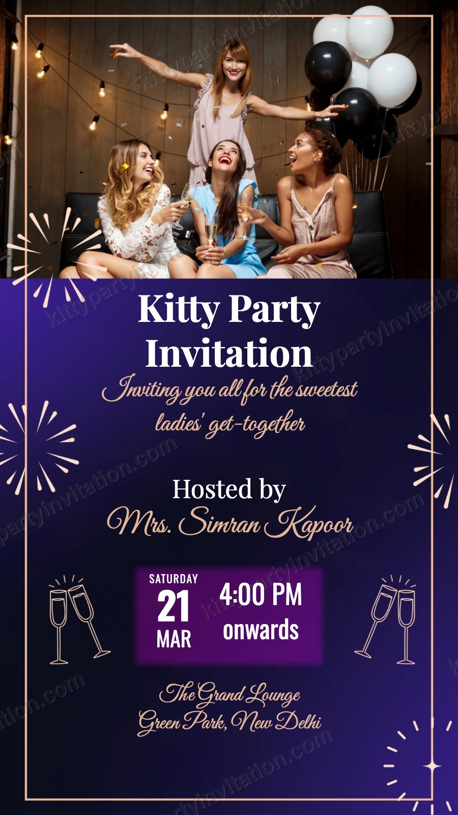 Ladies kitty party card showing a woman in a purple dress with fireworks and a calendar date block