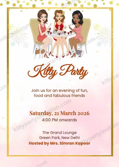 Ladies night kitty party card showing a group of ladies with gold confetti on a pink background