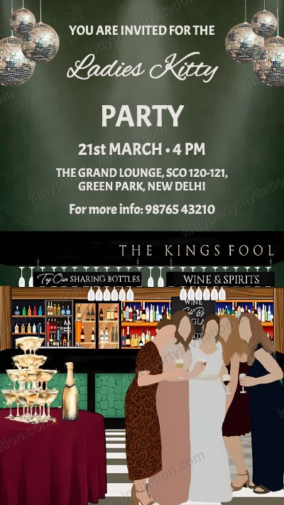 Ladies night out kitty party card showing ladies at a green bar with 'ladies kitty party' lettering