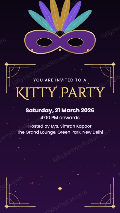 Masquerade kitty party invite with a purple and gold masquerade mask on a dark background