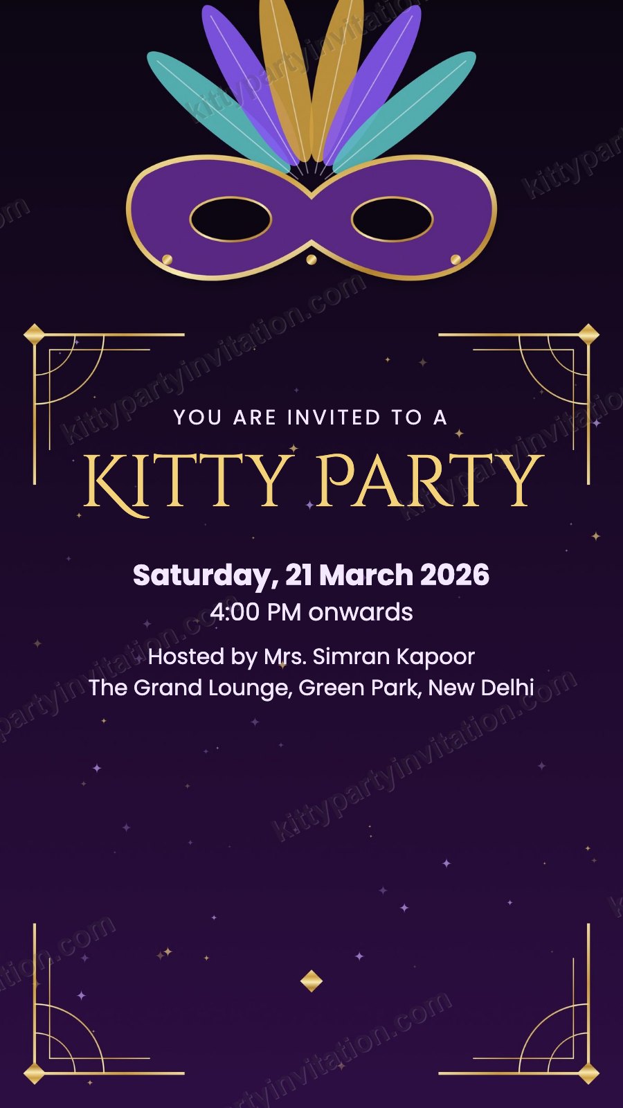 Masquerade kitty party invite with a purple and gold masquerade mask on a dark background