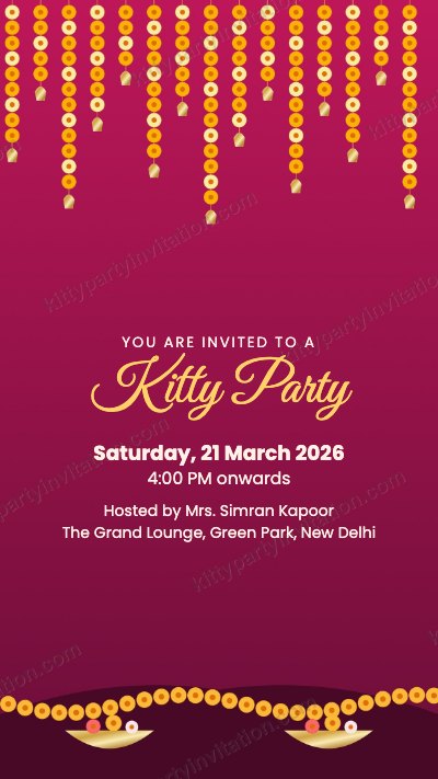 Mehfil theme kitty invitation with marigold strings and bells on a deep pink background