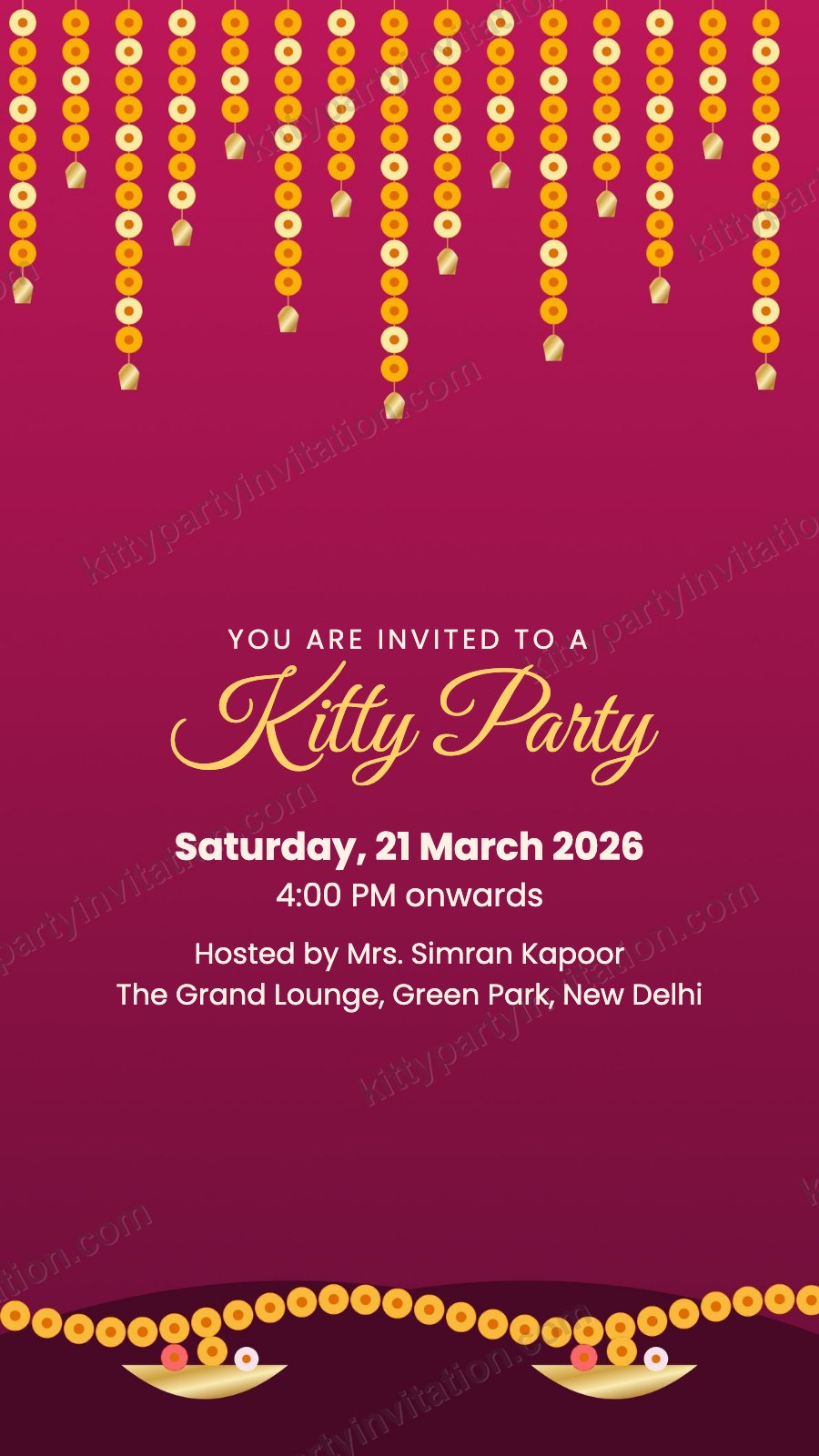 Mehfil theme kitty invitation with marigold strings and bells on a deep pink background