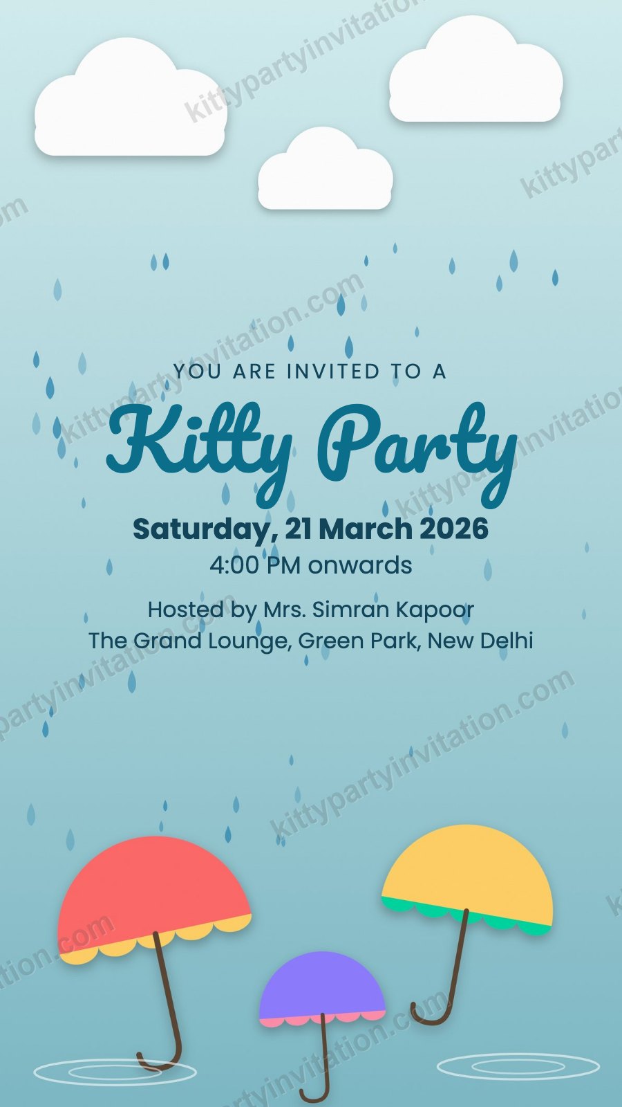 Monsoon theme kitty party invite with colourful umbrellas, clouds and rain on a sky blue background