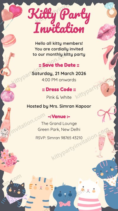 Monthly kitty party card with cartoon cats, a save the date block and a pink and white dress code
