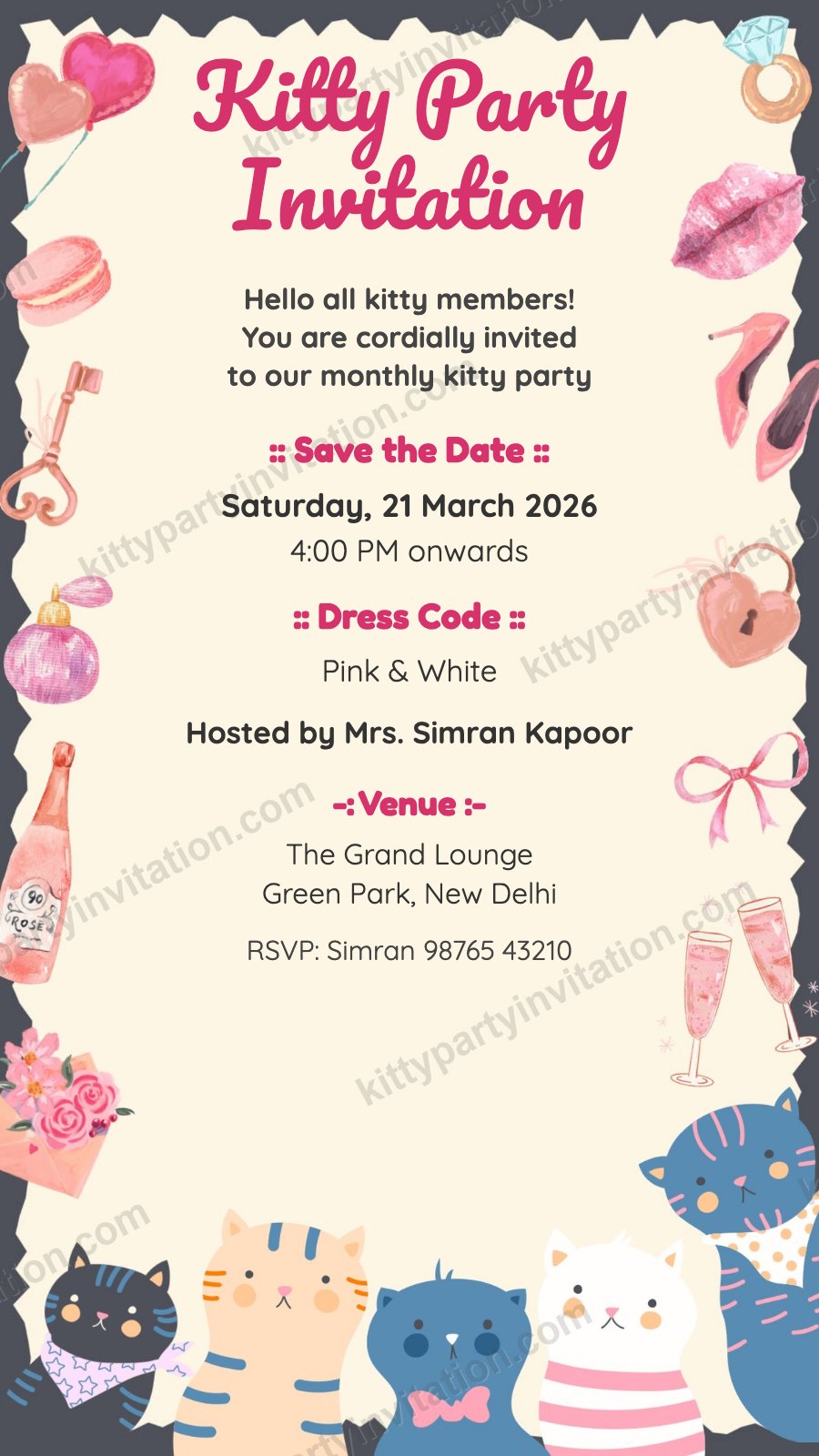 Monthly kitty party card with cartoon cats, a save the date block and a pink and white dress code