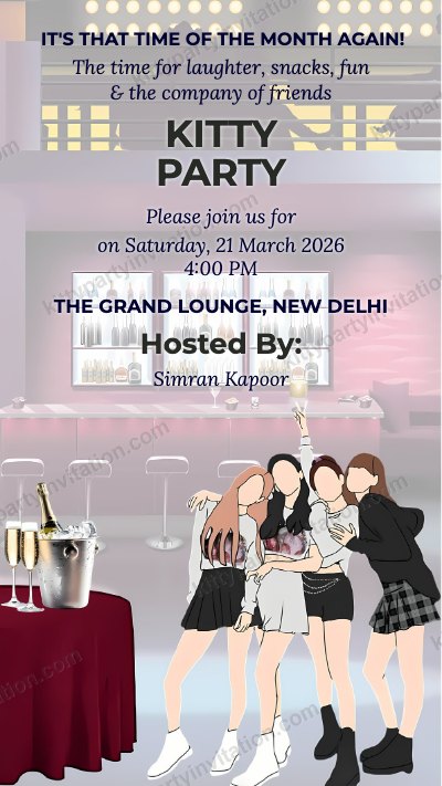 Monthly kitty party reminder showing girls at a rooftop bar with 'it's that time of the month again'