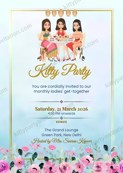 Monthly ladies kitty invitation showing a group of ladies with blue flowers for a monthly get-together
