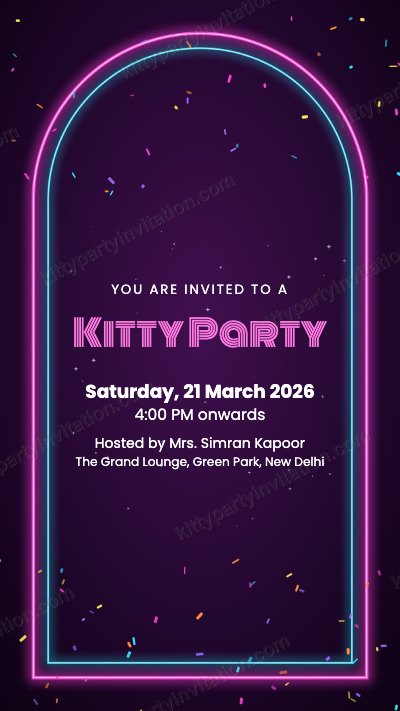 Neon theme kitty party invite with a glowing neon arch on a dark purple background