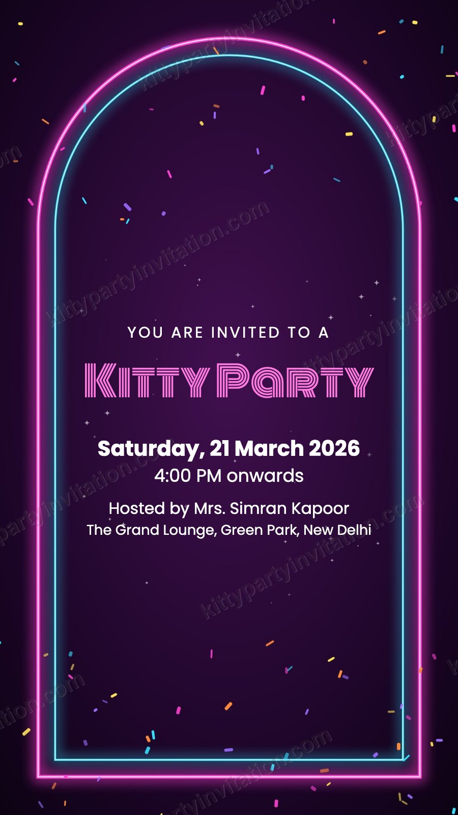 Neon theme kitty party invite with a glowing neon arch on a dark purple background