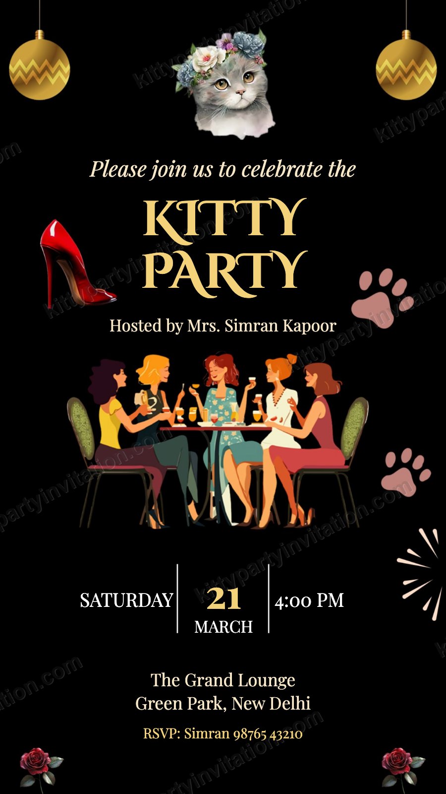 Night theme kitty invitation with dancing ladies, a black cat, red heels and gold balloons on black
