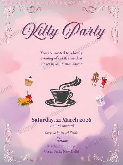 Pastel dress code kitty party invite with a lavender teacup and a pastel florals dress code line