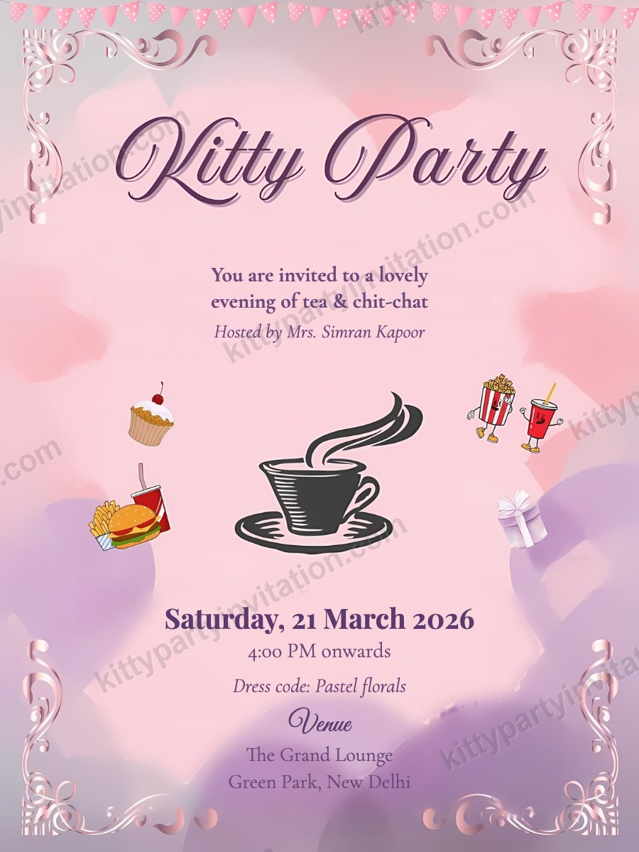 Pastel dress code kitty party invite with a lavender teacup and a pastel florals dress code line