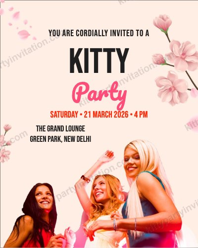 Pink kitty party card with pink blossoms and a woman holding a drink