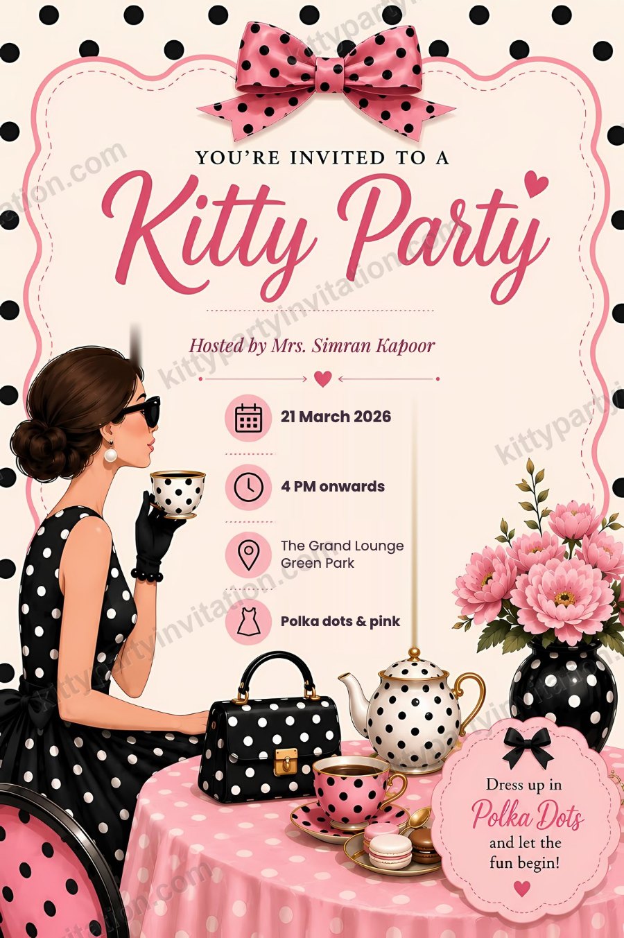 Polka dot theme kitty party invite showing a woman in a polka dot dress with pink cakes