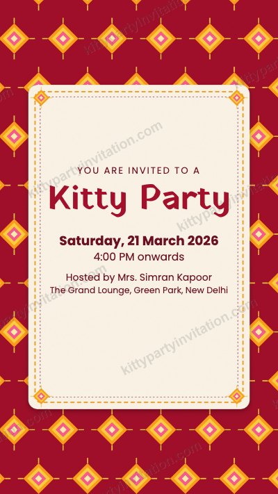 Punjabi Phulkari kitty party card with a red phulkari embroidery style frame