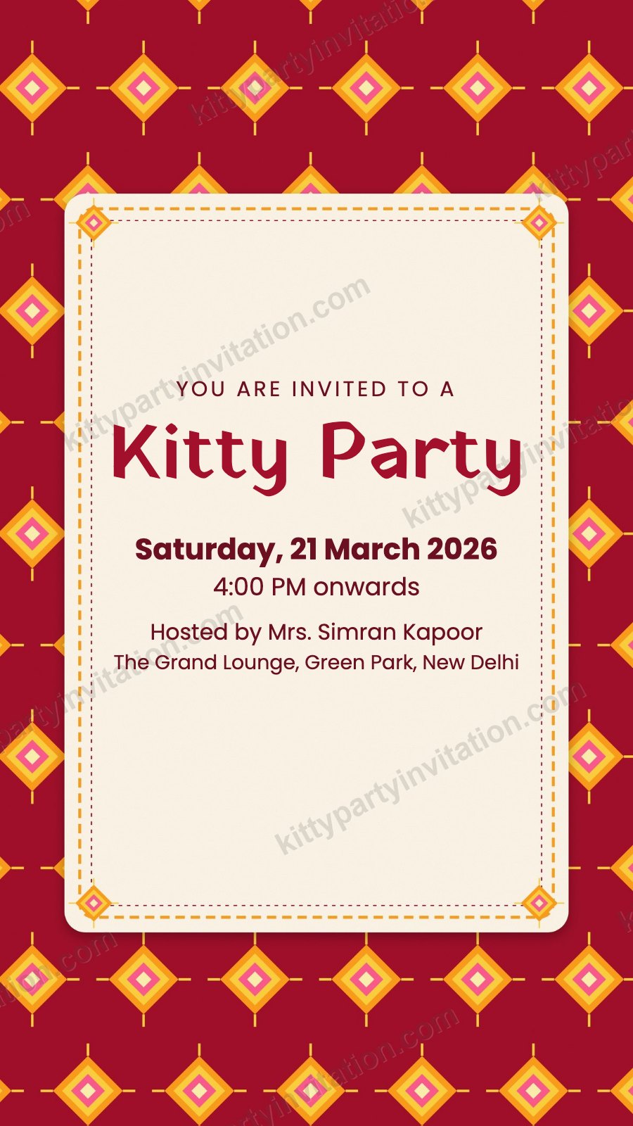 Punjabi Phulkari kitty party card with a red phulkari embroidery style frame