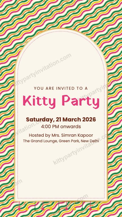 Rajasthani Lehriya kitty party invite with a cream arch on a colourful lehriya stripe pattern