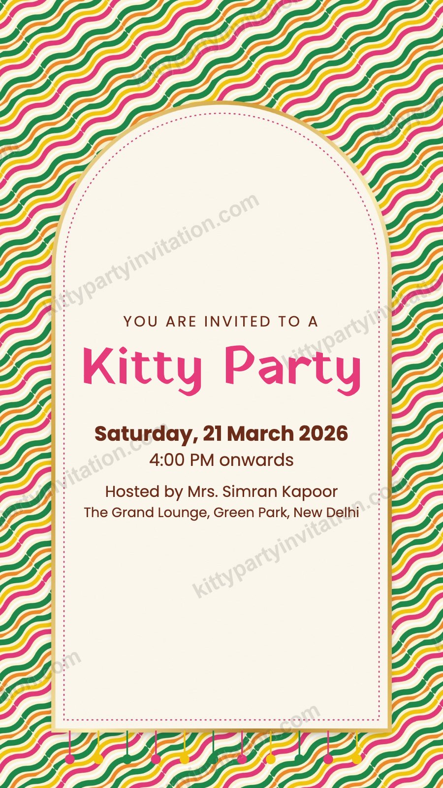 Rajasthani Lehriya kitty party invite with a cream arch on a colourful lehriya stripe pattern