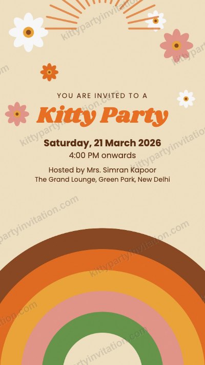 Retro theme kitty party card with a 70s style rainbow and sun