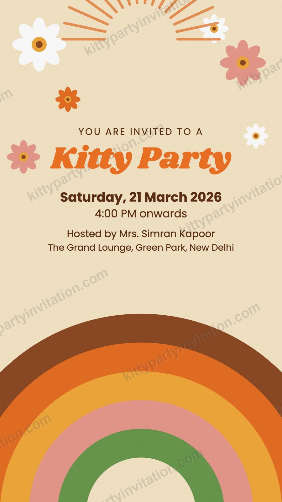 Retro theme kitty party card with a 70s style rainbow and sun