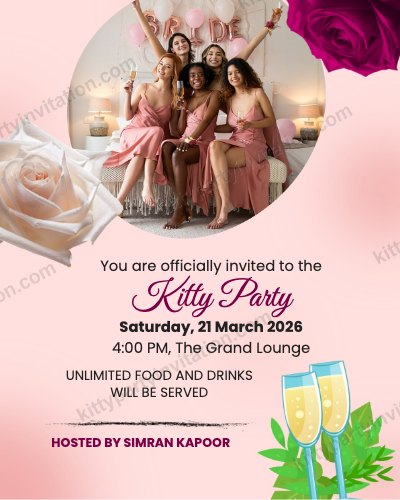 Rose theme kitty invitation card with pink roses, a cake and drinks with an 'officially invited' line