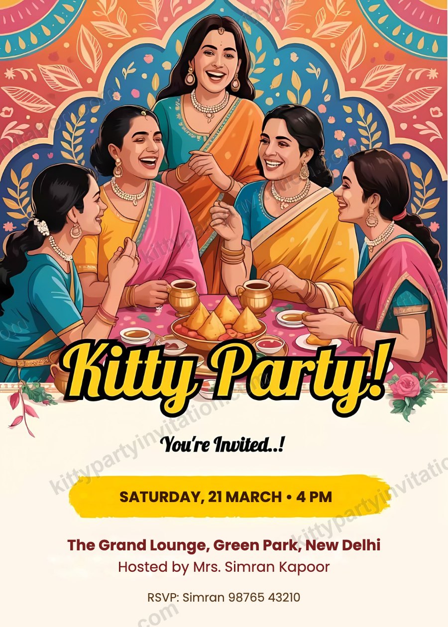 Saree theme kitty party card showing women in colourful sarees with samosas and chai