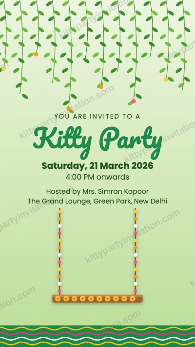 Sawan theme kitty invitation with a flower jhoola swing and green leaves for sawan
