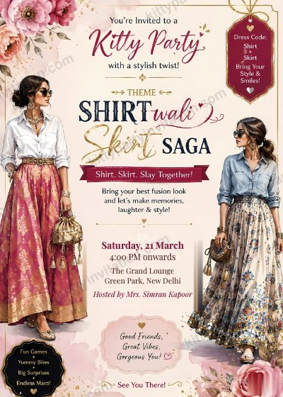 Shirt skirt theme kitty party card with women in shirts and skirts for a 'shirt wali skirt' theme