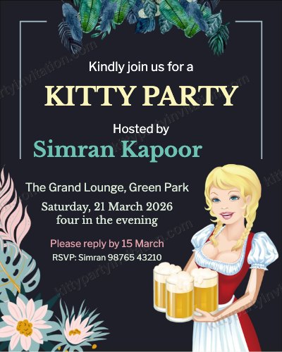 Summer night kitty party card with tropical leaves and a woman holding drinks on a dark green background