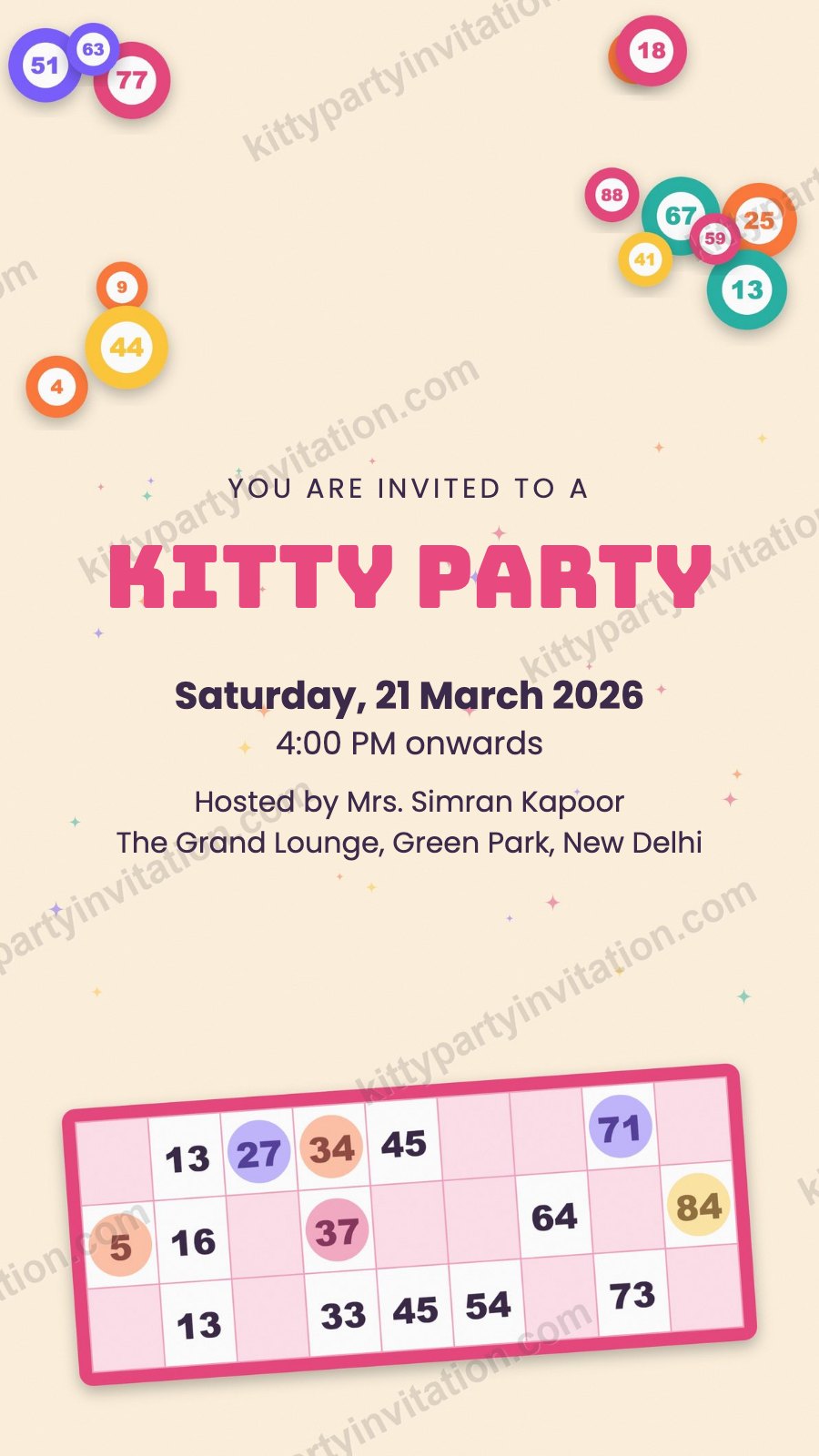 Tambola kitty party card with tambola tickets and number balls