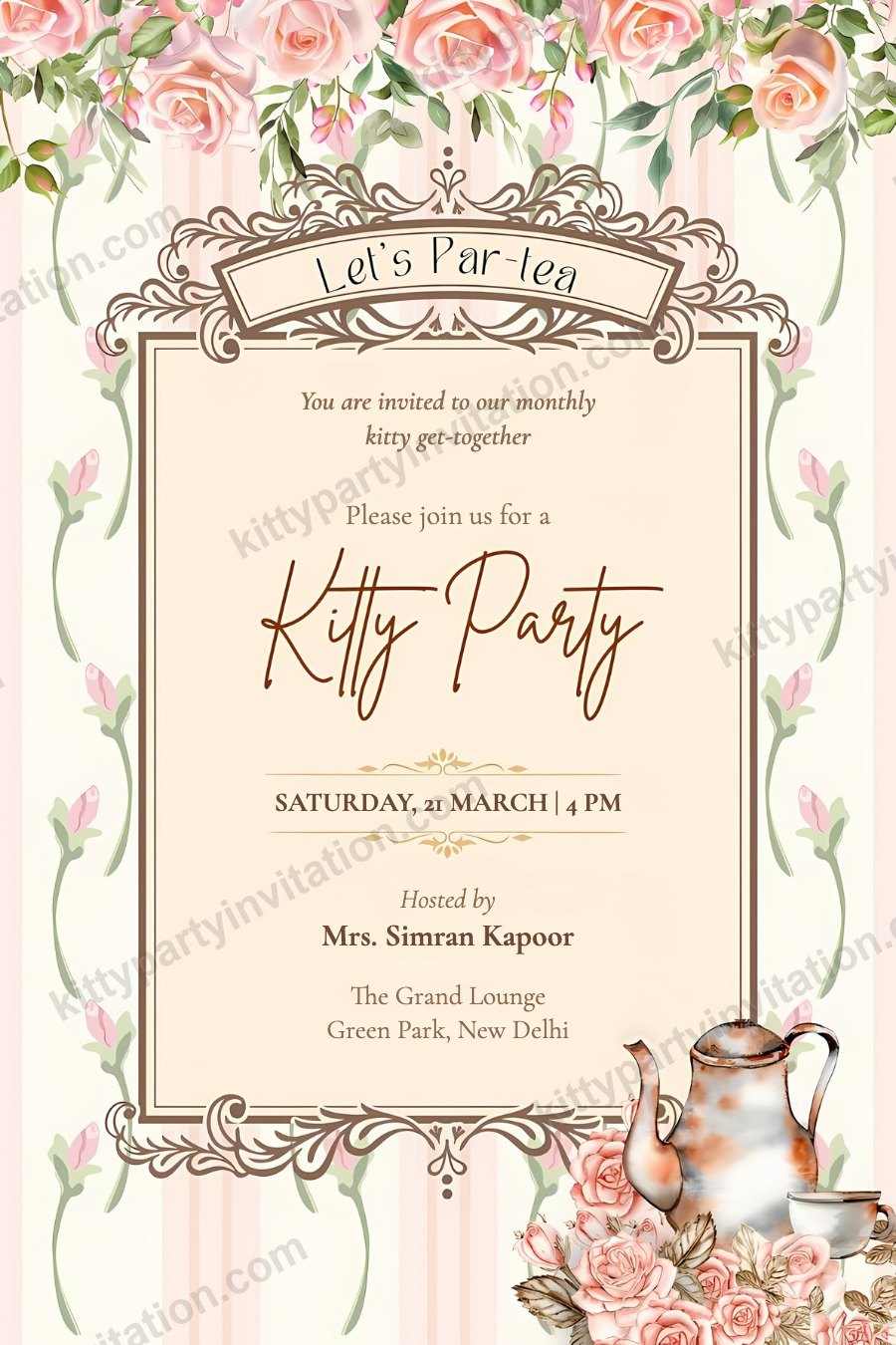 Tea party kitty invitation showing a sketched tea set and flowers with the words 'let's par-tea'