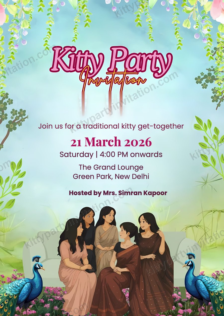 Traditional ladies kitty invitation showing women in traditional outfits with peacocks and a lehriya pattern