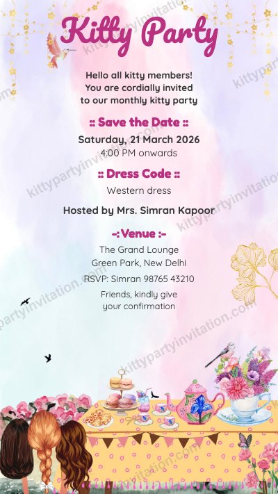 Western dress code kitty party invite showing a pink tea table with ladies and a western dress code note