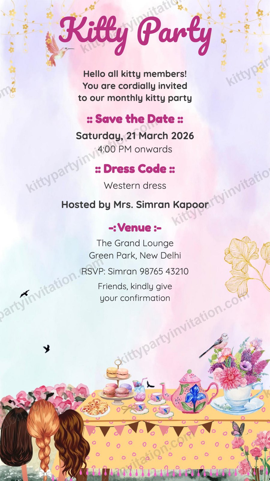 Western dress code kitty party invite showing a pink tea table with ladies and a western dress code note