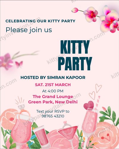 WhatsApp kitty invitation showing pink cocktails and flowers with a 'text your RSVP' line, sized for WhatsApp
