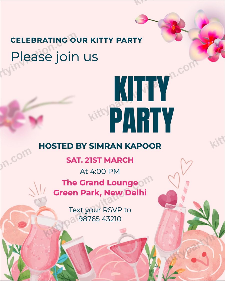WhatsApp kitty invitation showing pink cocktails and flowers with a 'text your RSVP' line, sized for WhatsApp