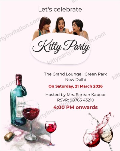 Wine theme kitty party card showing friends with red wine glasses and bottles